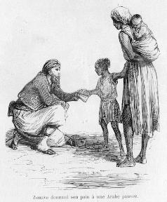 Zouave donnant son pain  une jeune Arabe pauvre.