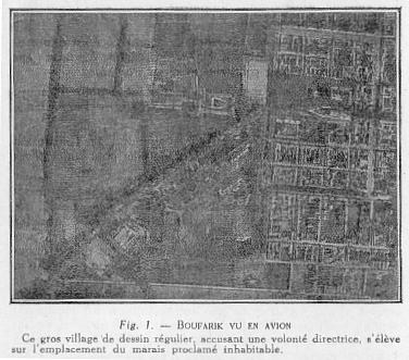 Fig. 1. - BOUFARIK VU EN AVION Ce gros village de dessin rgulier, accusant une volont directrice, s'lve sur l'emplacement du marais proclam inhabitable.