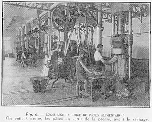 Fig. G. - DANS UNE FABRIQUE DE PATES ALIMENTAIRES On voit,  droite, les ptes au sortir de la presse, avant le schage.