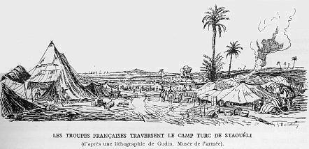 Les troupes françaises traversent le camp turc de Staouéli (d'après une lithigraphie e Godin. Musée de l'armée).